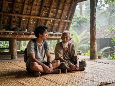 Traveler and Toraja elder sitting together on a woven mat inside a traditional tongkonan house, soft morning light, 35mm lens