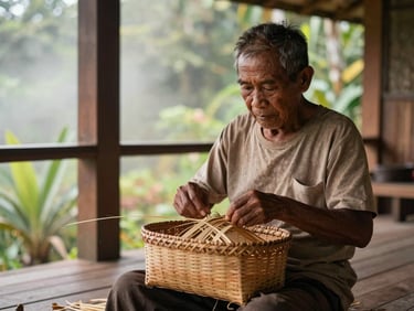 Intimate medium-shot of a Torajan elder weaving a traditional basket on a wooden porch, soft natural light, earthy tones