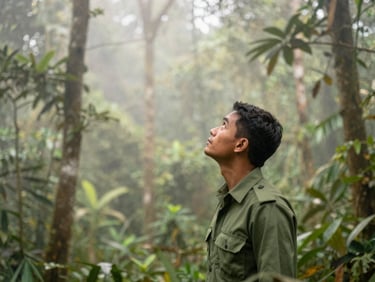 A local Sumatran ranger in a green shirt looking up at the rainforest canopy, soft filtered green jungle light, misty atmosphere.