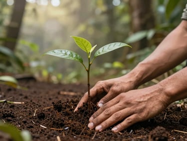 Close-up of hands planting a native tree sapling in rich volcanic soil, filtered jungle light, warm editorial travel photography