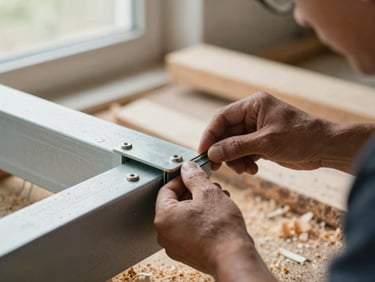 Close-up of a worker's hands fastening a structural beam bracket, natural light from a nearby window, sawdust and raw lumber in the background