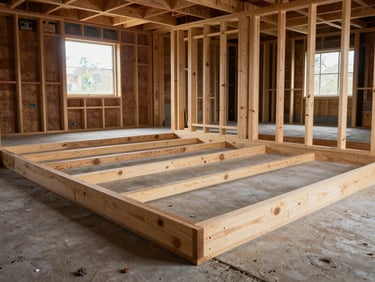 Environmental wide shot of a basement framing project in progress — pressure-treated lumber bottom plates on concrete slab, new stud walls rising, daylight through a small egress window, no people