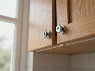 Close-up overhead shot of kitchen cabinet hardware being installed, natural window light, wood grain and metal fasteners in sharp focus