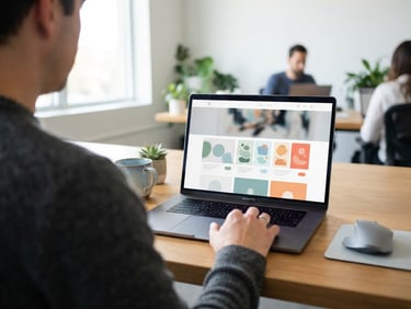 Over-the-shoulder shot of a clean laptop screen displaying a modern website layout on a bright wooden desk, natural daylight, sharp focus