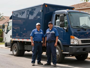 Medium-wide shot of two América Gas delivery drivers in work uniforms standing beside a loaded navy delivery truck in a residential street, daylight, relaxed professional posture, gas cylinders visible in the truck bed