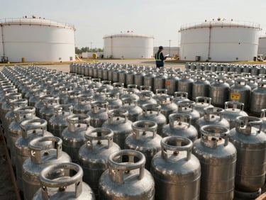 Wide shot of a América Gas storage yard with rows of filled propane cylinders neatly stacked under daylight, a worker in the background doing inventory check, clean and organized, no safety signage visible