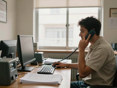 Interior of a small América Gas office, a staff member in casual work clothes answering a phone at a tidy desk, natural window light, papers and a computer on the desk, warm and unhurried atmosphere