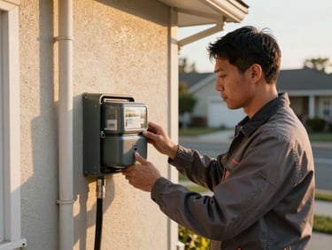 Close-up medium-wide shot of a delivery driver in work clothes checking a gas meter mounted on the exterior wall of a residential home, warm golden-hour daylight casting long shadows, hands on the meter panel, neighborhood street visible softly in the background