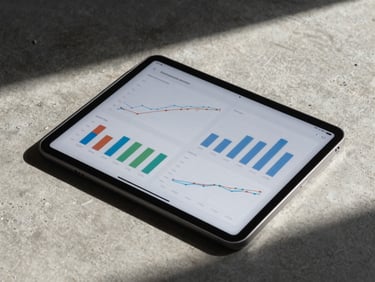 A high-contrast macro shot of a modern tablet screen displaying real-time digital analytics charts and conversion graphs, resting on a concrete workspace with dramatic shadows.