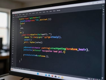 Macro shot of clean code on a dark screen, sharp focus on syntax highlighting, dramatic natural light from the side, industrial workspace context.