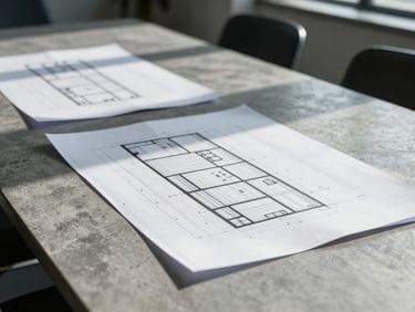 Crisp architectural blueprints laid out on a concrete conference table, cool daylight casting sharp geometric lines, professional atmosphere