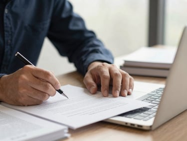 Close-up of a law student's hands drafting a research paper on a laptop, open legal texts and notes on a desk, soft natural window light, shallow depth of field.