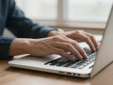 Close-up of hands typing on a laptop keyboard, legal documents visible, soft natural window light, shallow depth of field.