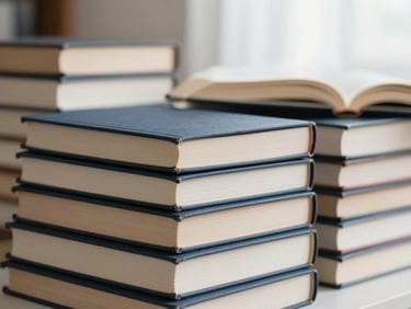 Stack of legal journals and open law books on a desk, shallow depth of field, soft natural light, muted navy and warm cream tones.