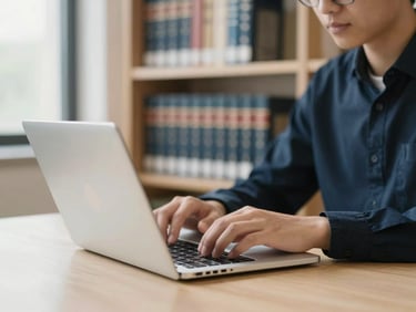 Student working on a blog post on a laptop in a bright library setting, blurred legal books in the background, soft natural light.