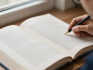 Close-up of an open law book showing a legal judgment, with a student's hand highlighting text, soft diffused light.