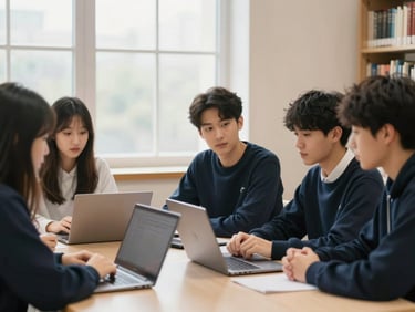 Students in a bright library setting engaged in a discussion around a table, laptops open, academic setting, soft natural light.