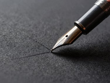 Macro close-up of heavy charcoal paper stock, a fountain pen tip leaving a crisp ink line, sharp shadows, low-key lighting.