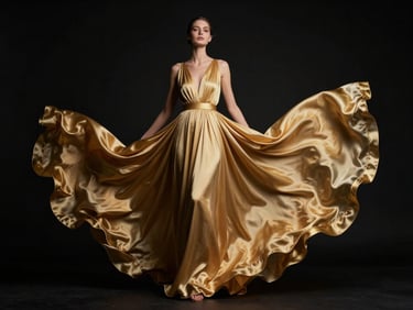 Moody editorial fashion photography of a flowing gold silk gown, dramatic low-key studio lighting, deep black background