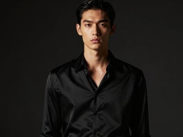 Low-key editorial portrait of a model wearing a premium black silk button-down shirt, soft golden rim light, dark moody background