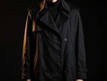 Moody editorial fashion photography of a structured black trench coat, dramatic low-key studio lighting, deep black background