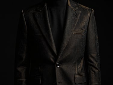 Moody editorial fashion photography of a tailored black blazer with gold thread detailing, dramatic low-key studio lighting, deep black background