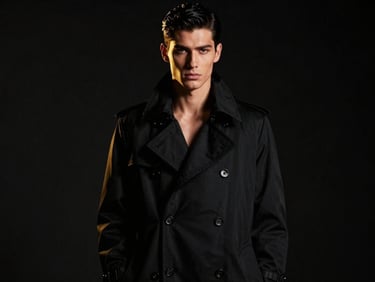 Moody editorial portrait of a male model in a sharp double-breasted black trench coat, dramatic low-key lighting, deep black studio background, golden rim light