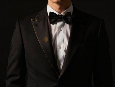 Chiaroscuro studio photography of a man in a luxury black tuxedo with gold lapel stitching, dramatic shadows, 35mm lens