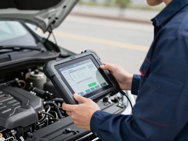 Close-up of a professional mechanic in a clean navy uniform using a modern digital diagnostic tablet next to a car engine, bright daylight, sharp focus.
