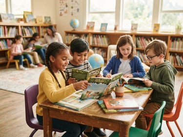 Children reading books together at low wooden tables in a sunlit school library