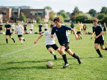 Students playing football on a lush green school sports field in bright daylight