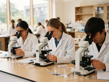 Students in white coats looking through microscopes in a bright, modern school lab