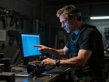 Cinematic tactical photography, low-key dramatic lighting, a veteran mentor in a dark gunmetal workshop guiding a younger transitioner, electric blue screen glow, 35mm lens