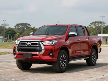 Three-quarter front view of a red Toyota Hilux pickup truck on a clean lot in bright daylight, Chiriquí Panama, no people