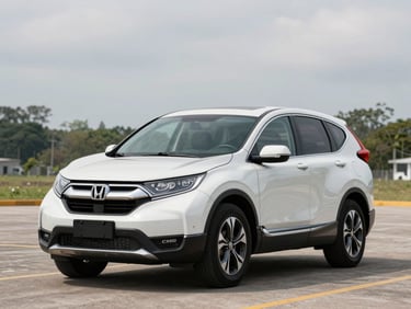 Three-quarter front view of a white Honda CR-V SUV parked on a clean lot in bright overcast daylight, Chiriquí Panama, no people