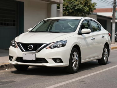 Three-quarter front view of a white Nissan Sentra sedan parked on a clean street under bright midday light, David Chiriquí Panama, no people