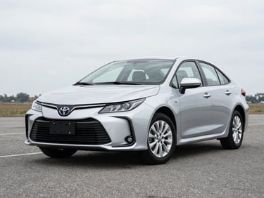 Three-quarter front view of a silver Toyota Corolla sedan parked on clean asphalt in bright overcast daylight, David Chiriquí, no people