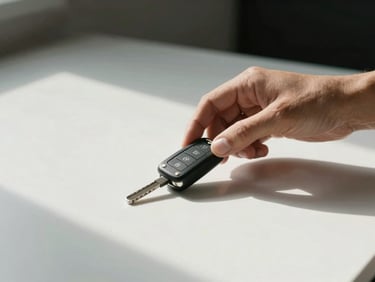 Hands placing car keys on a clean white surface, soft daylight from the side, minimal background, detail-focused composition