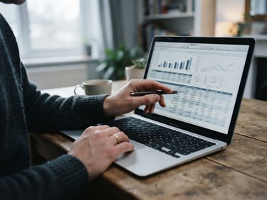 A close-up of hands reviewing financial documents on a laptop screen in a bright, naturally lit UK home, soft overcast daylight, shallow depth of field.