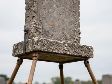 Close-up of a specialized tripod gantry lifting a heavy historic granite headstone back into alignment, natural overcast daylight.