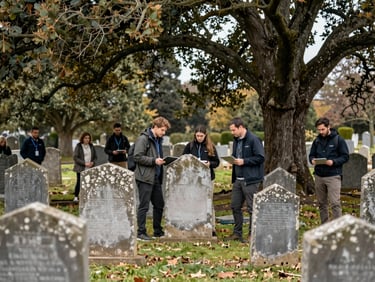 A group of volunteers in outdoor gear working respectfully around historic graves under a canopy of mature trees