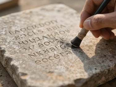 A macro shot of a weathered stone inscription being documented with a soft graphite rubbing on paper, warm golden hour light.