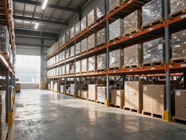 Wide-angle interior of a highly organized logistics warehouse with high-bay racking systems, clean concrete floor, crisp morning light.