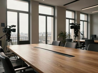 Wide cinematic shot of a high-end corporate boardroom setup in Paris, elegant minimalist oak table, soft morning light filtering through tall windows, professional camera equipment on a subtle tripod in the background, editorial style.