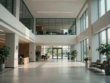 Cinematic wide shot of a modern corporate headquarters lobby bathed in soft natural light, architectural lines, negative space.