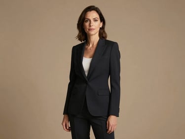 Portrait of a female CEO in a warm sand-toned minimalist studio, soft directional lighting, editorial composition with generous negative space