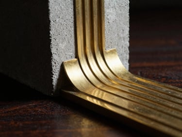 Close-up of a solid brass architectural model element, fine milled lines catching directional light, dark background