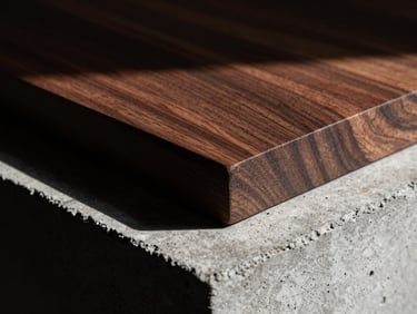 Extreme close-up of dark walnut wood grain on a finished model base, dramatic side-light, high-contrast texture