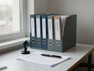 Organized notary office workspace photographed straight-on, filing trays with labeled folders, an official notary seal press and fountain pen resting on a document, bright even daylight from a wide window to the left, clean desk surface, no people