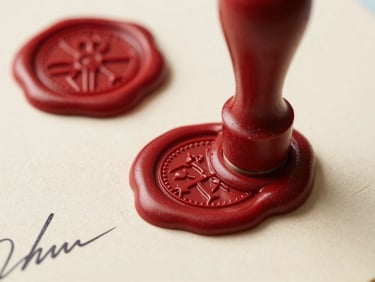 Extreme close-up of an official notarial seal pressed onto a document, the embossed stamp detail sharp and centered, adjacent red wax seal and black ink signature visible on cream paper, bright even studio light, straight-on macro framing